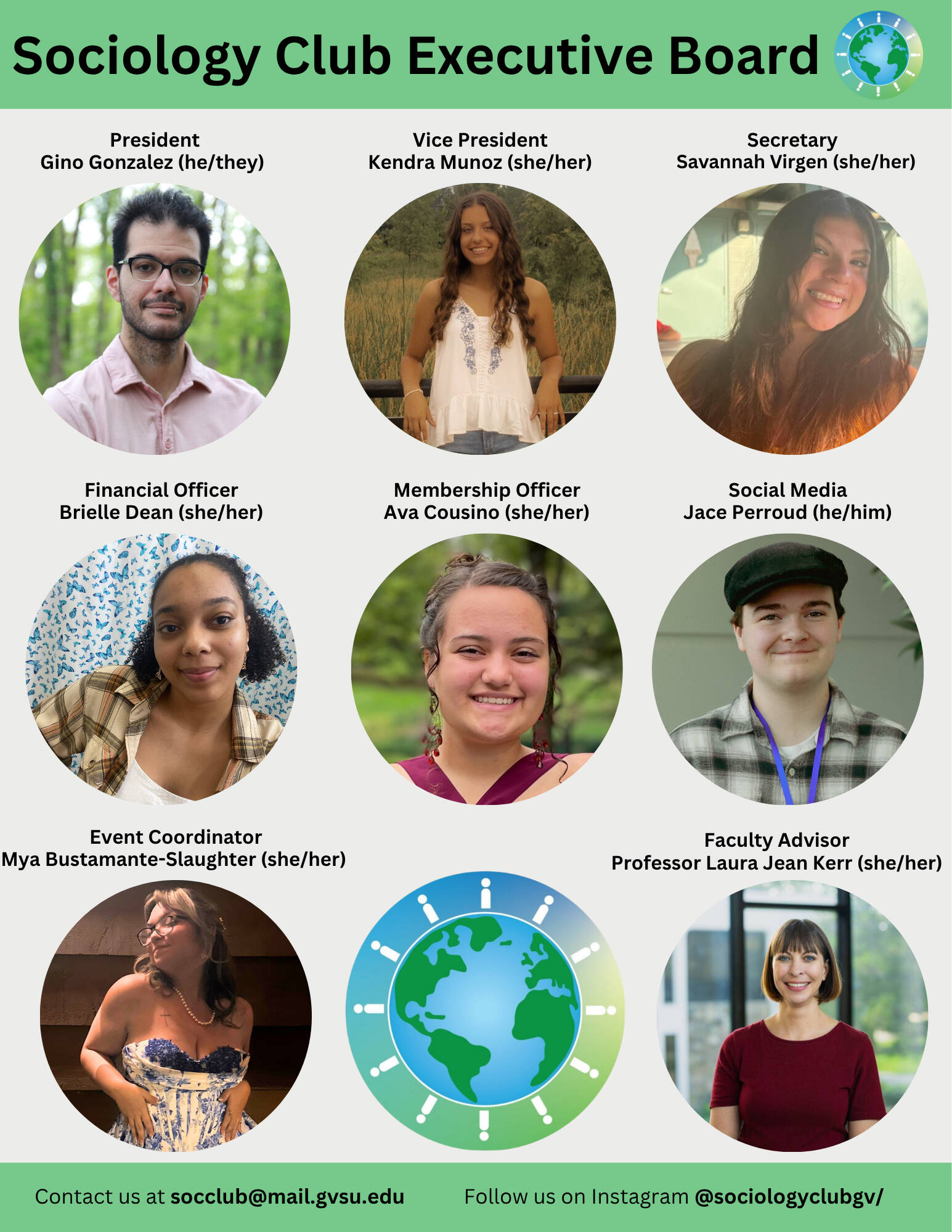 Headshots of the Sociology Executive Board along with the globe logo.